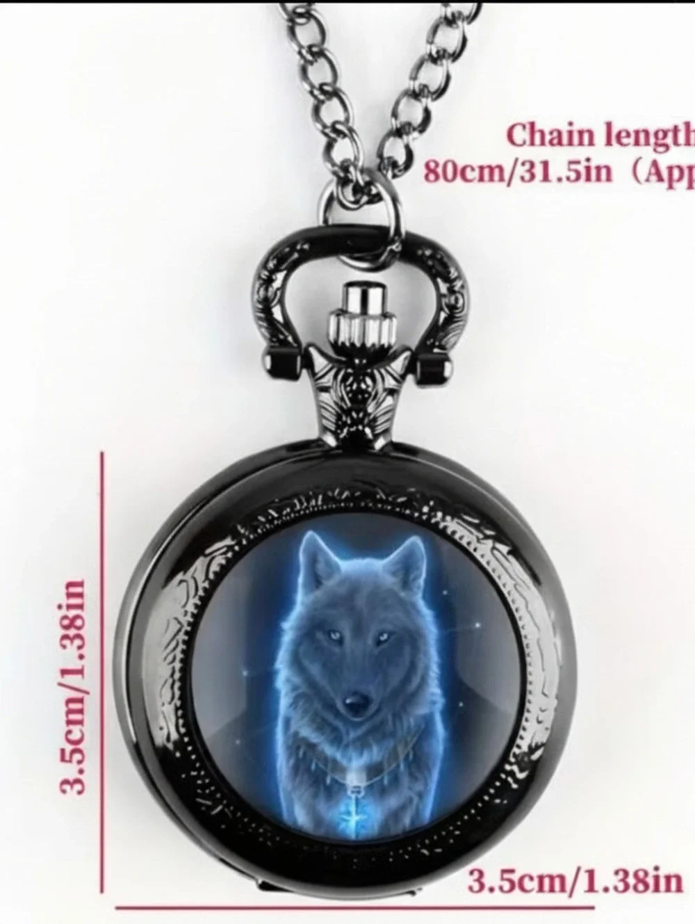 Black Wolf Pocket Watch with Chain and Quartz Movement